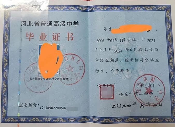包头任丘市第一中学高中毕业证样本图片